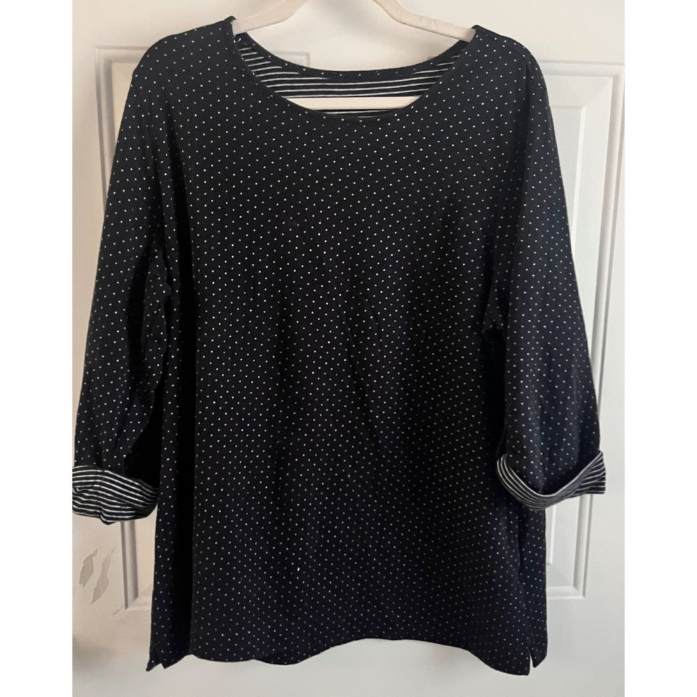 Black and White Polka Dot Long Sleeve Top‎ with Striped Cuffs
